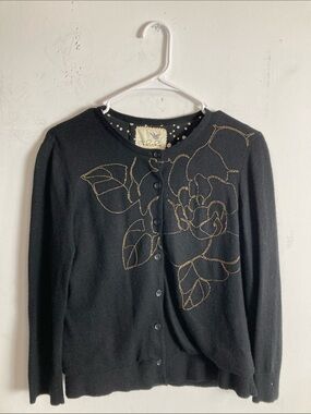 Tabitha Black Cardigan with Gold Floral Outline